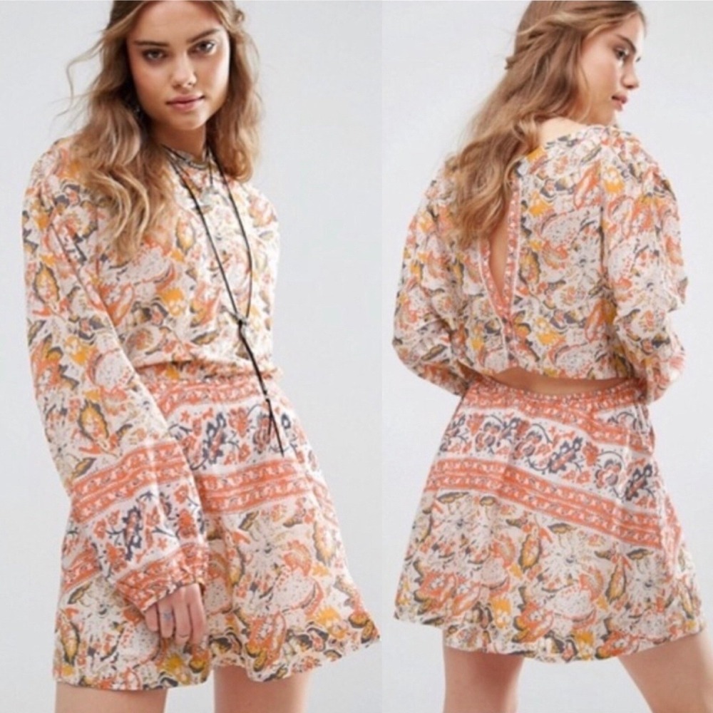 Free People Mini Dress Size XS Sun Printed Long Sleeve Cut Out Back Button